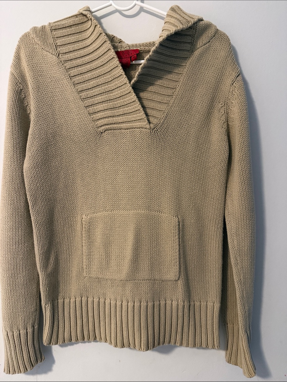 BCBG Beige Hooded V‑Neck Knit Sweater